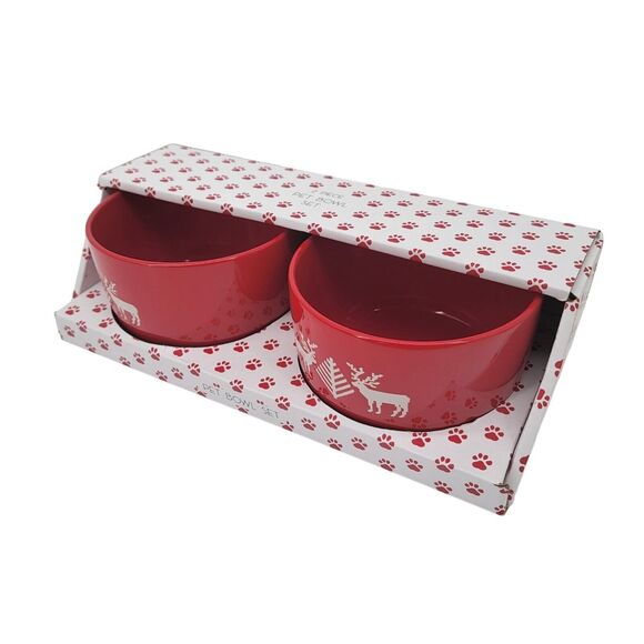 Two 2 Piece Pet Bowl Set Red Christmas Reindeer Water Food Cat Dog Ceramic NEW - Picture 5 of 5